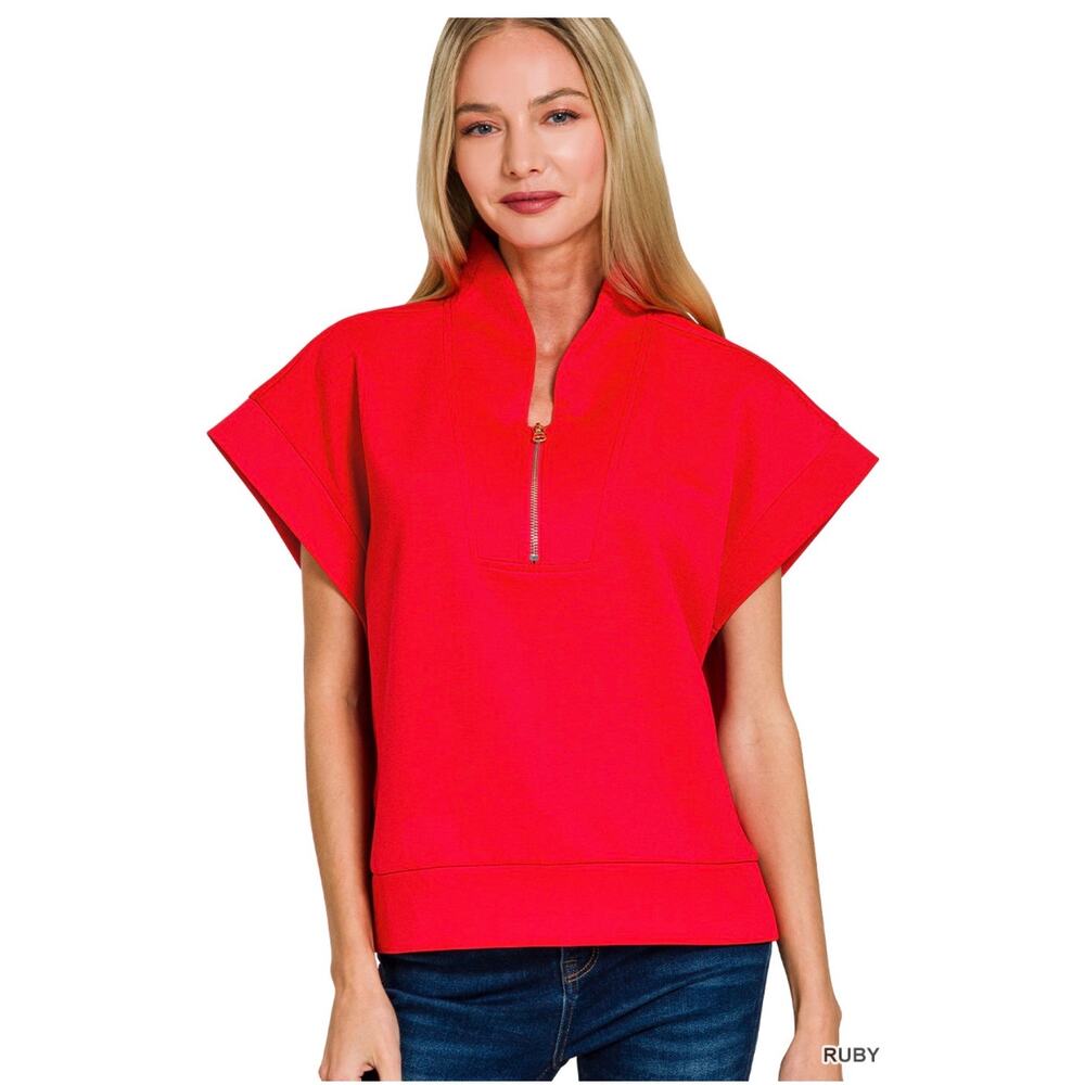 Zenana - Scuba High Neck Half Zip Top - Small/Medium